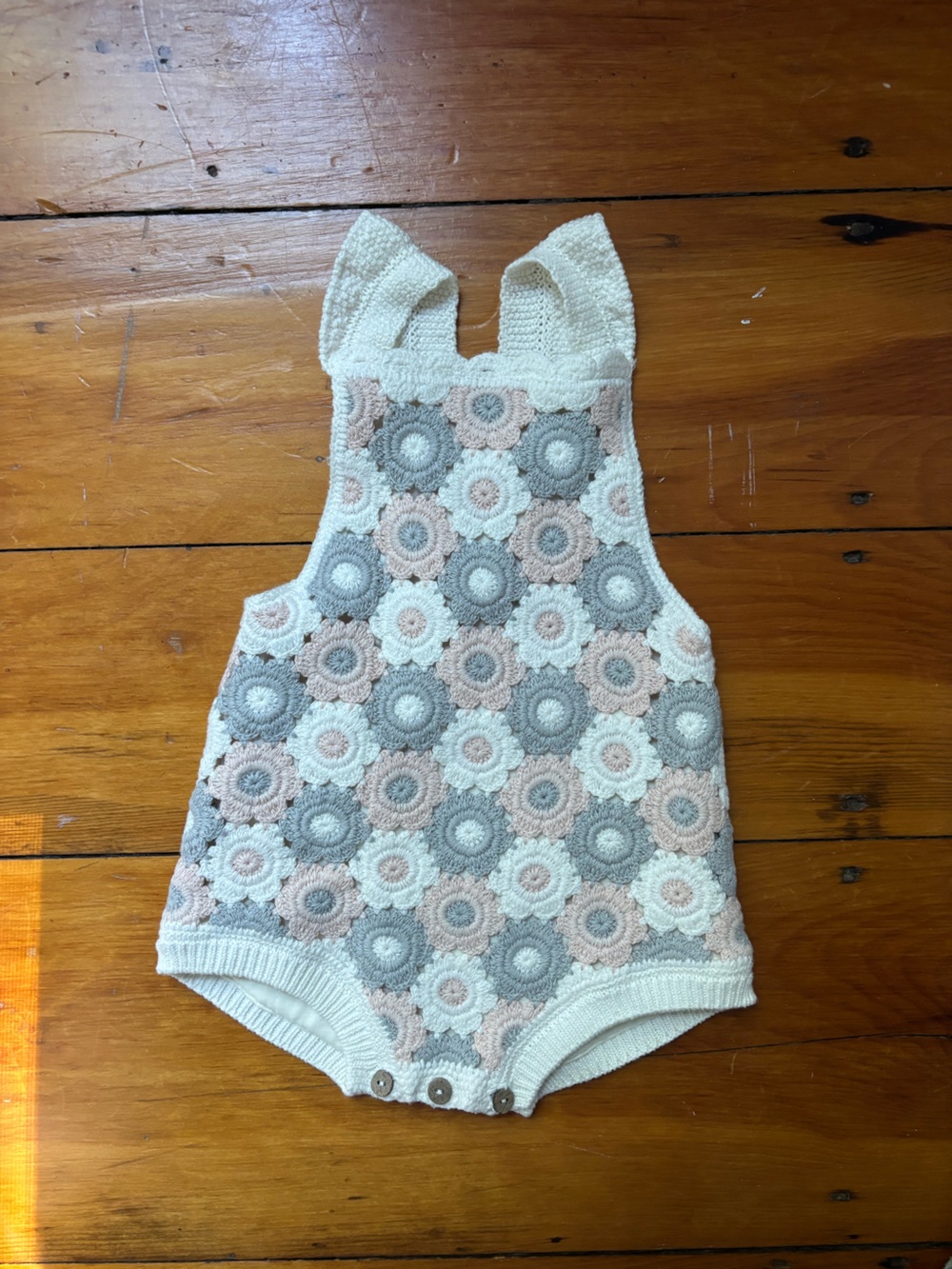 Rylee + Cru Cream, Blush & Light Gray Crochet Floral Romper